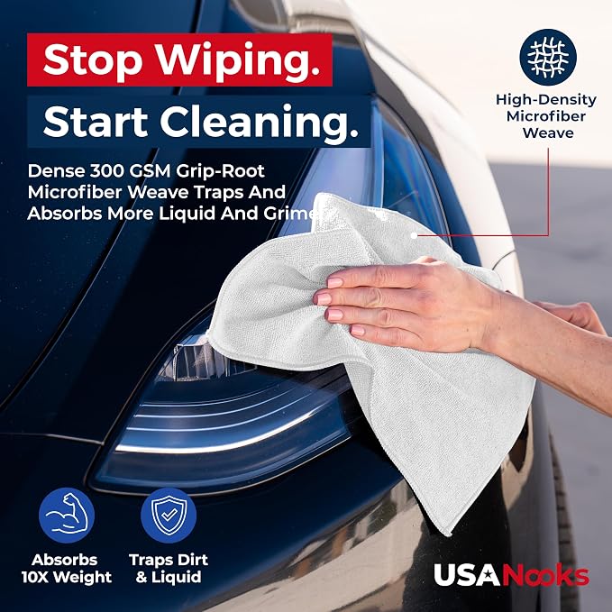 USANOOKS Microfiber Cleaning Cloth - White - 50Pcs (12.5x12.5 inch) High Performance - 1200 Washes, Ultra Absorbent Car Towel Traps Grime & Liquid for Streak-Free Mirror Shine - Car Washing Cloth