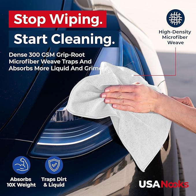 USANOOKS Microfiber Cleaning Cloth - White - 12Pcs (12.5x12.5 inch) High Performance - 1200 Washes, Ultra Absorbent Car Towel Traps Grime & Liquid for Streak-Free Mirror Shine - Car Washing Cloth