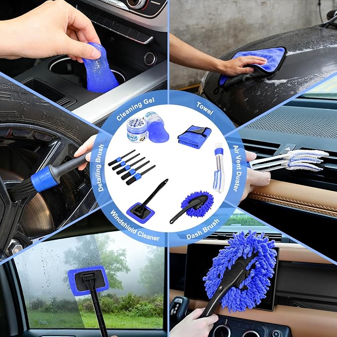Nilight 15PCS Car Detailing Kit Auto Cleaning Tools Wash Set with Storage Carry Bag Beginners Easy to Use for Interior Exterior Car Care Clean Windshield Dashboard Seat Air Vents Wheels Tires, Blue