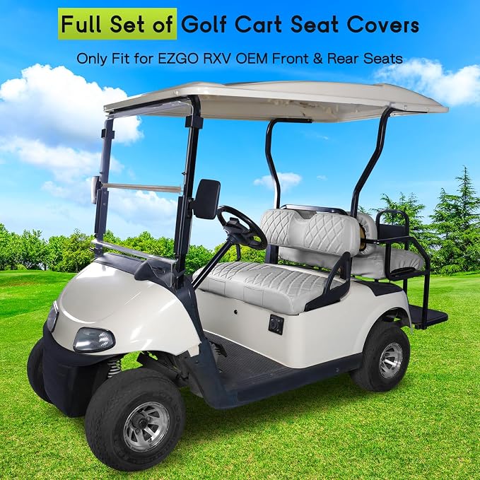 Full Set Golf Cart Seat Covers for EZGO RXV OEM, Grey | Front & Rear Set (2-Piece), Premium Vinyl Leather Replacement Standard Cushion Covers, No Tools Needed & Easy to Clean