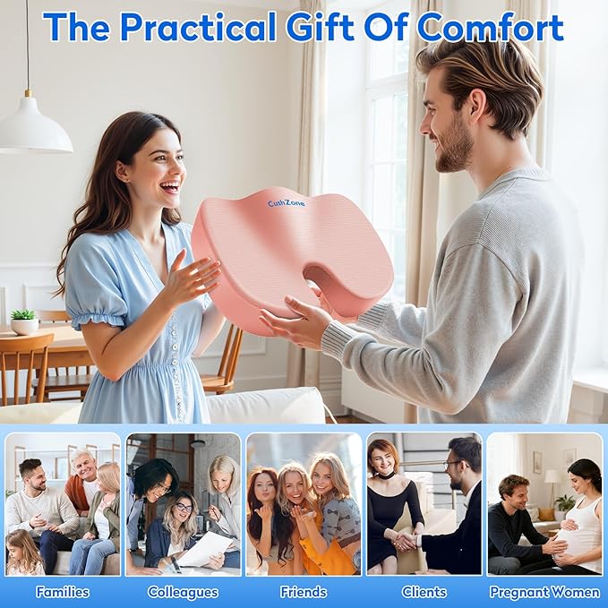 CushZone Seat Cushion, Office Chair Cushions, Car Seat Cushion, Non-Slip Sciatica & Back Coccyx Tailbone Pain Relief Chair Pad, Memory Foam (Large,Pink)