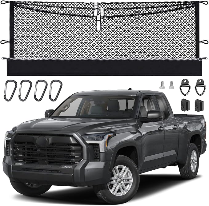 3-Layer Cargo Net for Toyota Tundra 2007-2026, Zipper Bag Truck Bed Net for Groceries, Heavy Duty Oxford Cargo Organizer Storage Nets with Carabiners