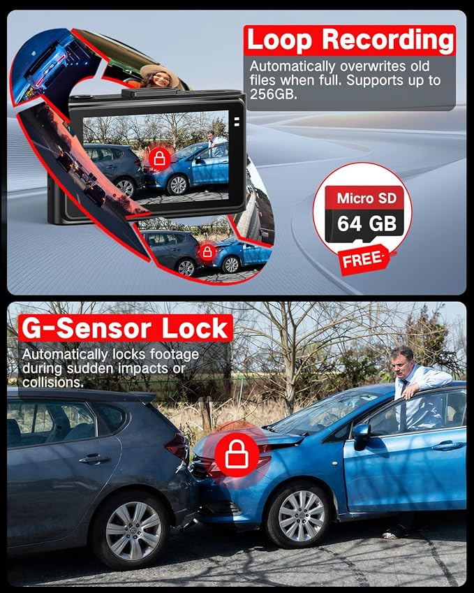 4K +2.5K Dash Cam Front and Rear, Free 64GB Card Included, 5.8GHz WiFi Dash Camera for Cars, Built-in Night Vision, G-Sensor,170°Wide Angle, App Control, 3" IPS, 24H Parking Mode, Max 256GB