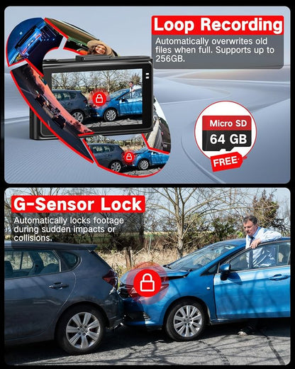 4K +2.5K Dash Cam Front and Rear, Free 64GB Card Included, 5.8GHz WiFi Dash Camera for Cars, Built-in Night Vision, G-Sensor,170°Wide Angle, App Control, 3" IPS, 24H Parking Mode, Max 256GB