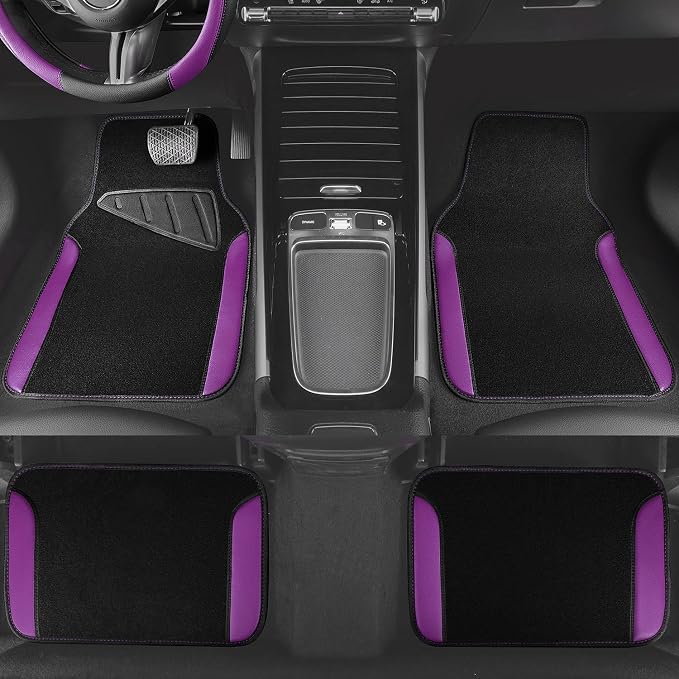 CAR PASS Faux Leather Steering Wheel Cover and Waterproof Car Floor Mats,Universal Car Combo Fit for 95% Sedan,SUV,Cars,14.5-15inch Sporty Anti-Slip Safety Comfortable Design(Black＆Purple)