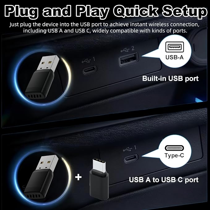 Carplay Adapter, Wired to Wireless, Car Projection for Online Music and Navigation, 2 in 1 Wireless CarPlay Adapter for Kinds of Cars