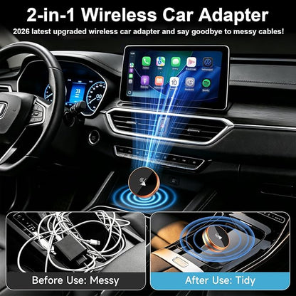 2-in-1 Wireless CarPlay & Android Auto Adapter, CarPlay Dongle Convert Wired to Wireless, Bluetooth & Wi-Fi, Plug & Play, Zero Latency, Compatible with USB/USB-C(Orange)