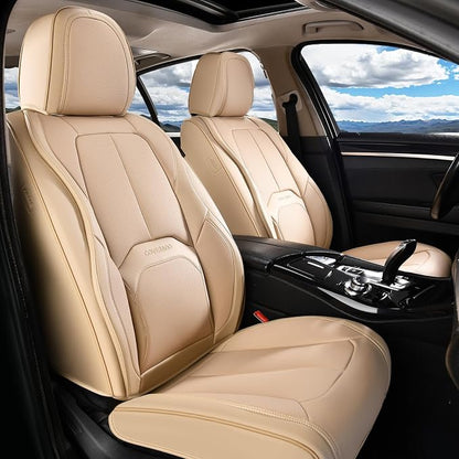 Coverado Seat Covers, Leather Seat Covers Front Seat, Luxury Car Seat Covers with Lumbar Support, Front Driver Seat Covers, Car Seat Protector Waterproof Universal Fit Most Cars(Beige)