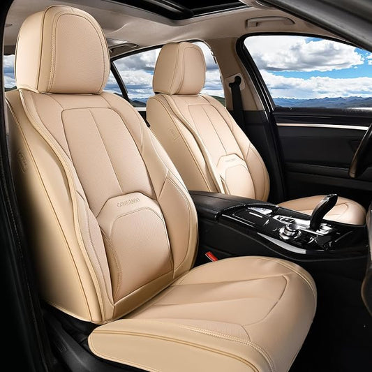 Coverado Seat Covers, Leather Seat Covers Front Seat, Luxury Car Seat Covers with Lumbar Support, Front Driver Seat Covers, Car Seat Protector Waterproof Universal Fit Most Cars(Beige)