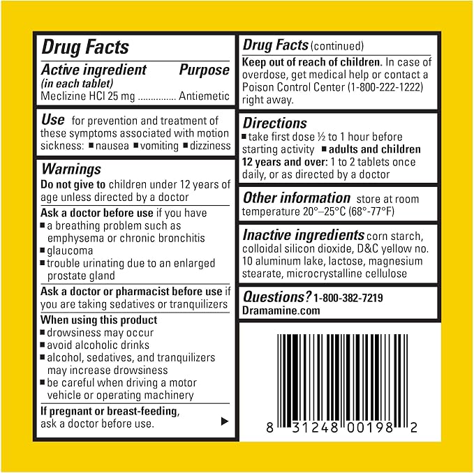 Dramamine Motion Sickness Less Drowsy, Travel Vial, Multicolor, 8 Count