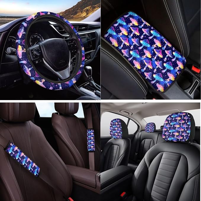 14 Piece Mushroom Car Seat Cover Set with Armrest Steering Wheel Cover Headrest Cover Car Cup Holder Coasters Seat Belt Pad and Key Chain Universal Fit Most Cars SUV Trucks,Purple