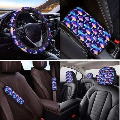 14 Piece Mushroom Car Seat Cover Set with Armrest Steering Wheel Cover Headrest Cover Car Cup Holder Coasters Seat Belt Pad and Key Chain Universal Fit Most Cars SUV Trucks,Purple