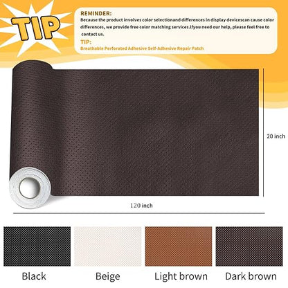 JuCheng Breathable Perforated Self-Adhesive Leather Repair Patch for Furniture, Couches, Car Seats, Office Chairs Faux Leather & Vinyl Repair Kit (Dark Brown, 20x120inch)