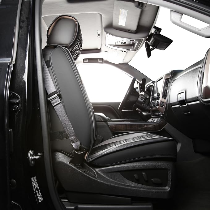 JOJOBAY Chevy Silverado Seat Covers,Leather Seat Covers for GMC Sierra,Custom Fit 2007-2026 1500 2500HD 3500HD Crew Double Extended Regular Cab,LT LZT RST Trail Boss(Front Pair,Black Grey)