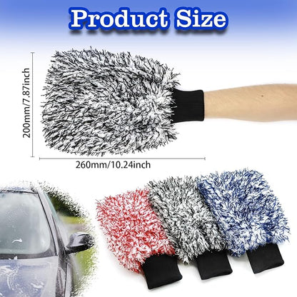 Microfiber Car Wash Mitt - 3 Pack Scratch Free Mitts with Blue, Red and Black, Machine Washable, Lint Free, 10 Inch X 8 Inch Glove