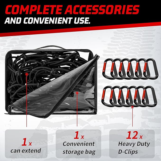 Heavy Duty Cargo Net for Pickup Truck Bed - Stretches from 3' x 4' to 9' x 12' - 12 Metal Carabiners - Compatible with Ford, Dodge RAM, Chevy, Toyota - Ideal for (Black, 3X4 Feet)