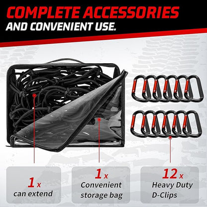 Heavy Duty Cargo Net for Pickup Truck Bed - Stretches from 3' x 4' to 9' x 12' - 12 Metal Carabiners - Compatible with Ford, Dodge RAM, Chevy, Toyota - Ideal for (Black, 3X4 Feet)
