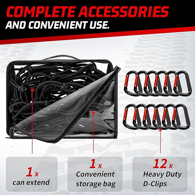Heavy Duty Cargo Net for Pickup Truck Bed - Stretches from 5' x 7' to 15' x 21' - 12 Metal Carabiners - Compatible with Ford, Dodge RAM, Chevy, Toyota - Ideal for (Black, 5X7 Feet)