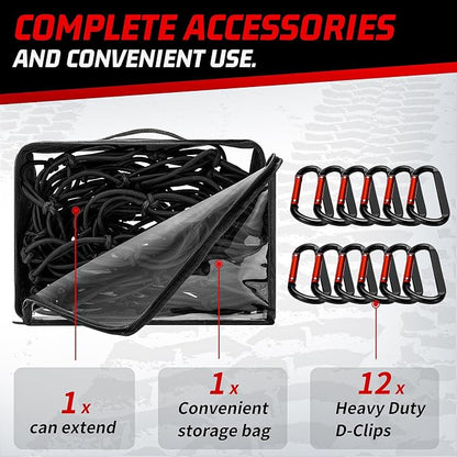 Heavy Duty Cargo Net for Pickup Truck Bed - Stretches from 5' x 7' to 15' x 21' - 12 Metal Carabiners - Compatible with Ford, Dodge RAM, Chevy, Toyota - Ideal for (Black, 5X7 Feet)