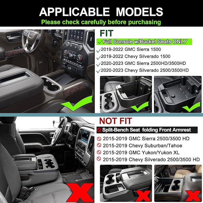 PIMCAR Center Console Organizer for 2019-2022 Chevy Silverado 1500/GMC Sierra 1500 & 2020-2023 Silverado/Sierra 2500HD/3500HD | Full Console Bucket Seats Only | Black Interior Trim Accessory