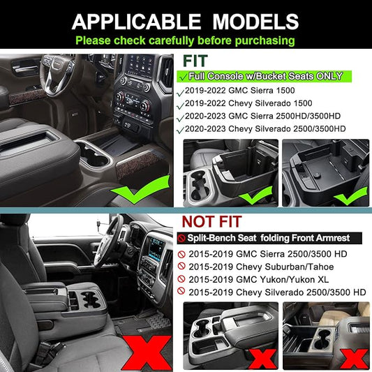 PIMCAR Center Console Organizer for 2019-2022 Chevy Silverado 1500/GMC Sierra 1500 & 2020-2023 Silverado/Sierra 2500HD/3500HD | Full Console Bucket Seats Only | Black Interior Trim Accessory