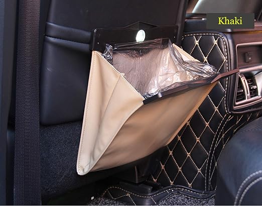 Car Trash Bin w/50pcs Trash Bags - LED Luxury Leather Garbage Can - Folding, Waterproof - Khaki