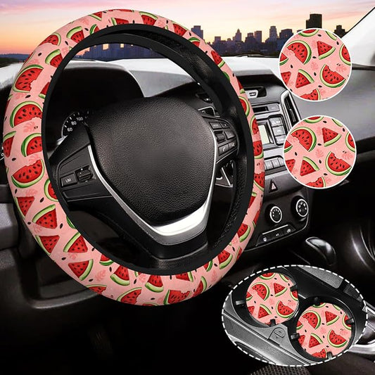 Cute Watermelon Steering Wheel Cover for Women,Universal Auto Steering Wheel 14-15 Inch Car Interior Accessories with 2PCS Car Coasters,Suitable for Men and Women