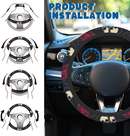 Car Steering Wheel Cover, 14.5"-15" Inch Universal Anti-Slip DurableSteering Wheel Protective Cover, Breathable Auto Interior Decoration Accessories for Sedan SUV Truck (Roses and Skulls)
