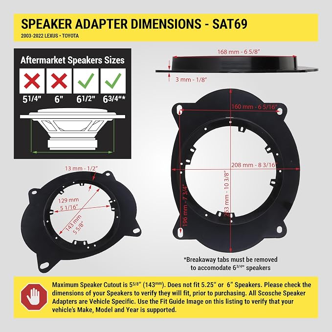 Scosche SAT69 6X9" to 6.5-6.75” Speaker Adapters Compatible with Select 2003-22 Lexus and Toyota Vehicles - 6 1/2" to 6 3/4" Adapter for Car Door Speakers - Sold in Pairs - See Image for Vehicle List
