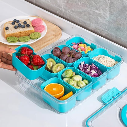 WACOI Divided Snack Serving Tray with Lid and Handle Travel Snackle Charcuterie Container Portable Storage Organizer for Candy, Fruits, Nuts, Snacks, Party, Picnic (1pack, Lake blue)