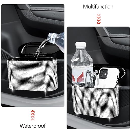 NBTEPEM Bling Car Trash Can with Lid, Mini Auto Garbage Can with 30 Trash Bags, Leakproof Automotive Garbage Container Bin, Bling Car Accessories Trash Can for Women (Silver Diamond)