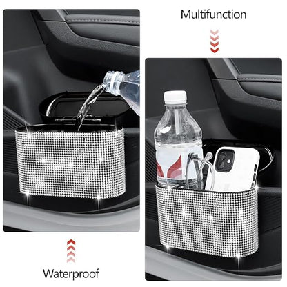 NBTEPEM Bling Car Trash Can with Lid - 2 Pack, Mini Auto Garbage Can with 60 Trash Bags, Automotive Garbage Container Bin, Bling Car Accessories Trash Can for Women (Silver Diamond)