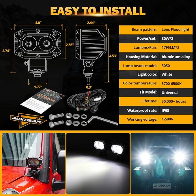 Auxbeam 4" Cube LED Pods, Super Bright 60W Offroad Lights Auxiliary Flood Light Pods Motorcycle Driving Light for ATV UTV SUV Boat Jeep