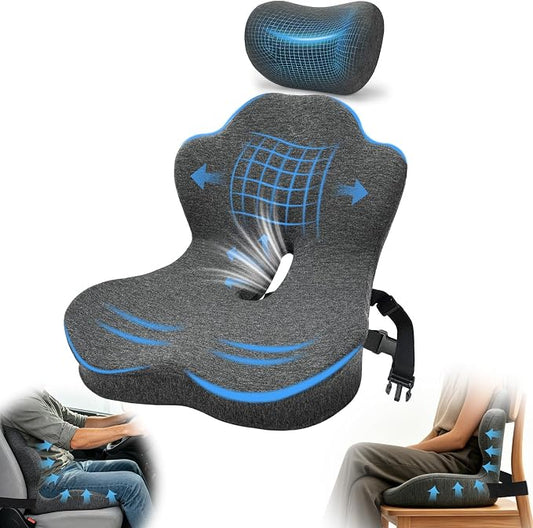 3-in-1 Memory Foam Seat Cushion & Headrest Pillow with Lumbar Support L-Shaped Ergonomic Driver Seat Cushions Design for Sciatica and Tailbone Pain Relief Comfort for Car,Truck,Chair