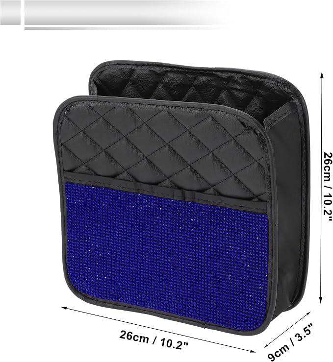 1 Pcs Universal Car Trash Can Hanging 10.2" Length 3.5" Width 10.2" Height Trash Bin Blue Black Faux Leather Rhinestone