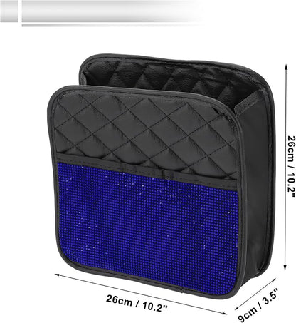 1 Pcs Universal Car Trash Can Hanging 10.2" Length 3.5" Width 10.2" Height Trash Bin Blue Black Faux Leather Rhinestone