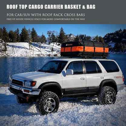 Roof Rack Cargo Carrier Basket 65"*39"*6"+Waterproof Bag 20 Cubic Feet(51"*40"*17"),and Cargo Net with Attachment Hooks,Ratchet Straps.200 Lbs Capacity,Universal Rooftop Large Size Roof Rack Update