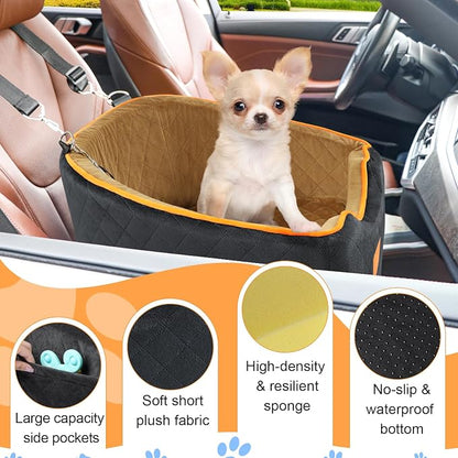 XIEEAOZEE Dog Car Seat for Small Dogs, Memory Foam Booster Dog Seat for Dogs up to 35 lbs, Elevated Pet Car Seat with Washable Removable Cover, Storage Pockets
