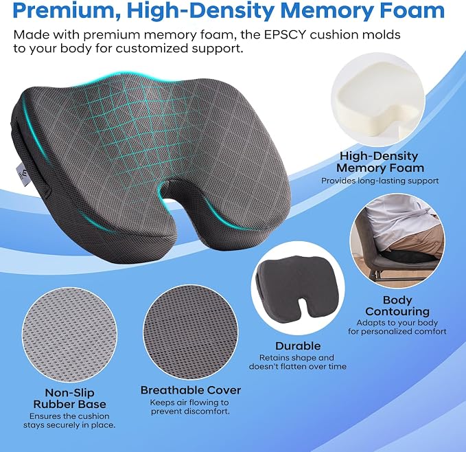 EPSCY Memory Foam U-Shaped Cushion for Coccyx, Hemorrhoid, Sciatica & Tailbone Pain Relief - Pressure Reducing Seat Cushion with Removable Cover - Postpartum Pillow for Office Chair, Wheelchair, Gray