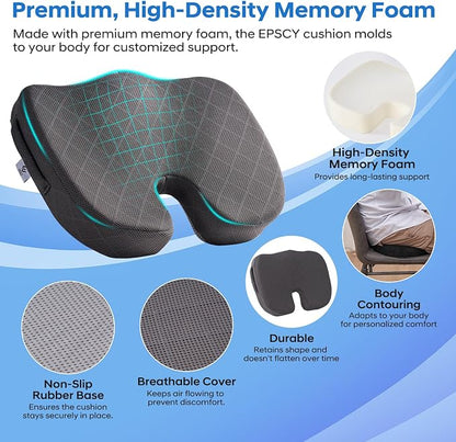 EPSCY Memory Foam U-Shaped Cushion for Coccyx, Hemorrhoid, Sciatica & Tailbone Pain Relief - Pressure Reducing Seat Cushion with Removable Cover - Postpartum Pillow for Office Chair, Wheelchair, Gray