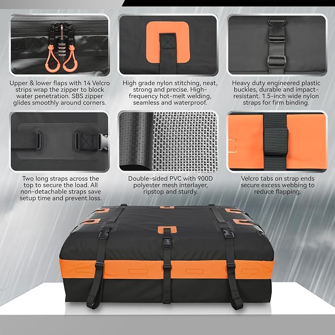 MARCHWAY Waterproof Car Roof Luggage Bag, Weatherproof Soft Shell Rooftop Cargo Carrier Bag for Vehicles with or Without Rack. 6 Door Hooks, Anti Slip Mat, Lock Included (15 Cubic Feet, Orange)