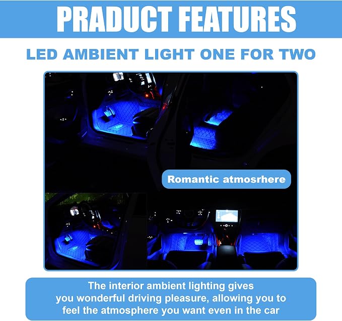 Car LED Strip Light, 24 LED RGB Neon Auto Interior Atmosphere Lights, 12V USB Port Under Dash Ambient Night Light, Universal Decorative Lamp Accessory for Car Truck (Blue, USB)