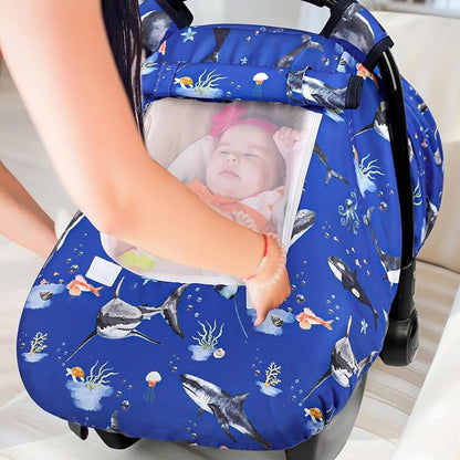 Pea Pod Car Seat Cover Baby, Infant Car Seat Canopy Covers for Newborn with 2 Layers Windows of Breathable Mesh Fabric, Lightweight Polyester/Soft Minky Dot Backing (Ocean)
