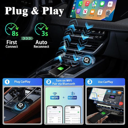 4-in-1 Wireless CarPlay Screen Mirroring Adapter for Apple CarPlay/Android Auto, 2026 Upgraded AirPlay MirrorLink Adapter, CarPlay Dongle Convert Wired to Wireless, Type C Extension, Plug & Play
