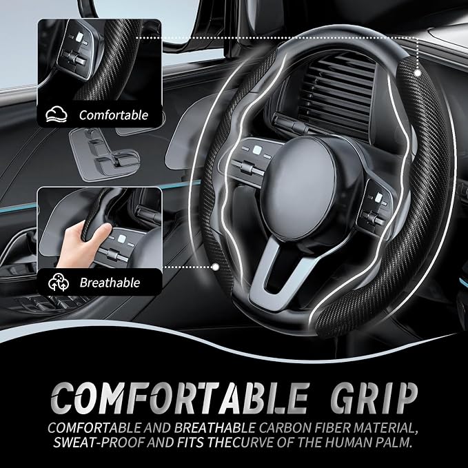 WOCOCN 2pcs Car Steering Wheel Cover,Anti-Skid Carbon Fiber Steering Wheel Protector for Men Women,Multiple Color Options,Universal for Most Car Interiors Accessories (Black)