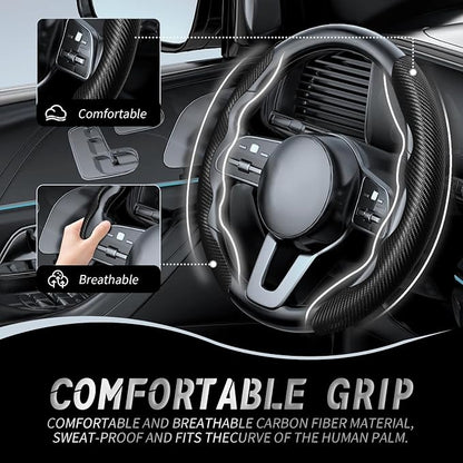 WOCOCN 2pcs Car Steering Wheel Cover,Anti-Skid Carbon Fiber Steering Wheel Protector for Men Women,Multiple Color Options,Universal for Most Car Interiors Accessories (Black)