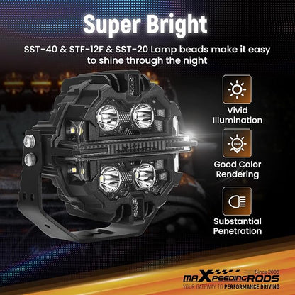 maXpeedingrods 5" LED Off Road Lights 212W 25440LM, Round Fog Light with 7 RGB Colors, Side Shooter Lights 270°Wide Range, LED Light Bar for SUV, Pickup, ATV, UTV, Truck, Motorcycle