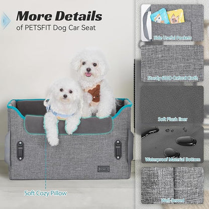 PETSFIT Dog Booster Car Seat for Small/Medium Dogs, Dog Car Seat for Medium Sized Dog with 2 Clip-On Safety Leashes and Patented Buckles, Pet Car Seat with Storage Pockets for Pets Under 45Lbs (Grey)