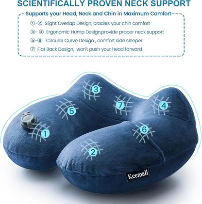 Keemall Inflatable Neck Pillow Airplane, Comfortable Inflatable Travel Neck Pillows for Airplanes Traveling on Plane, Soft Plush Cover Head Neck Rest Sleeping Long Flight for Car Train Office Home