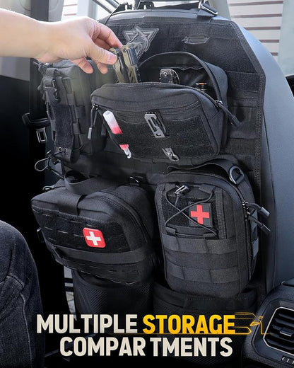 WYNEX Tactical Car Seat Back Organizer Set, Vehicle Accessories Molle Panel wtih Detachable 4 Molle Pouches - First Aid EDC Admin Storage Bag for Road Trips, Fits Most Cars, SUVs, Pickups, Trucks